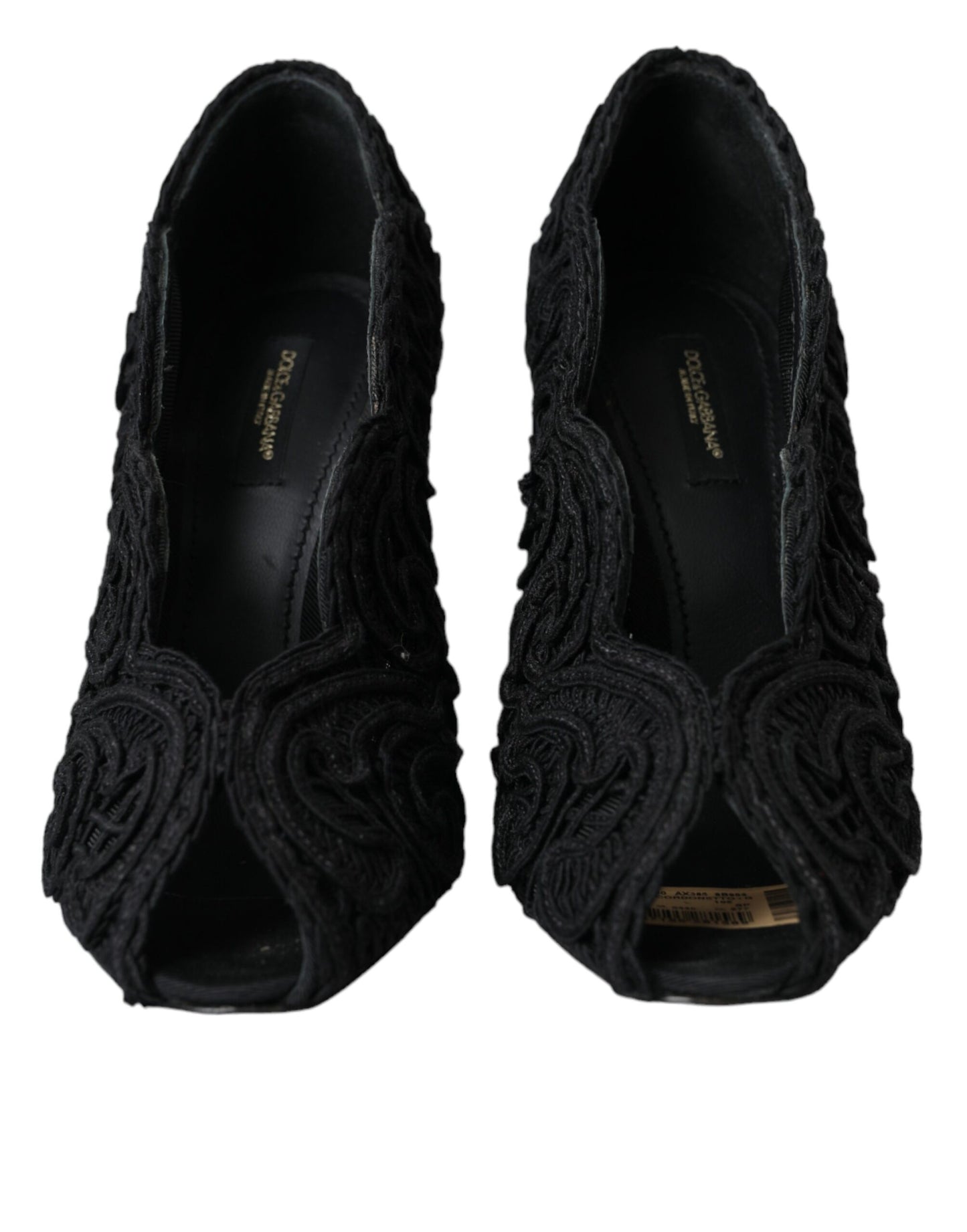  - Black Cordonetto Ricamo Pump Open Toe Shoes