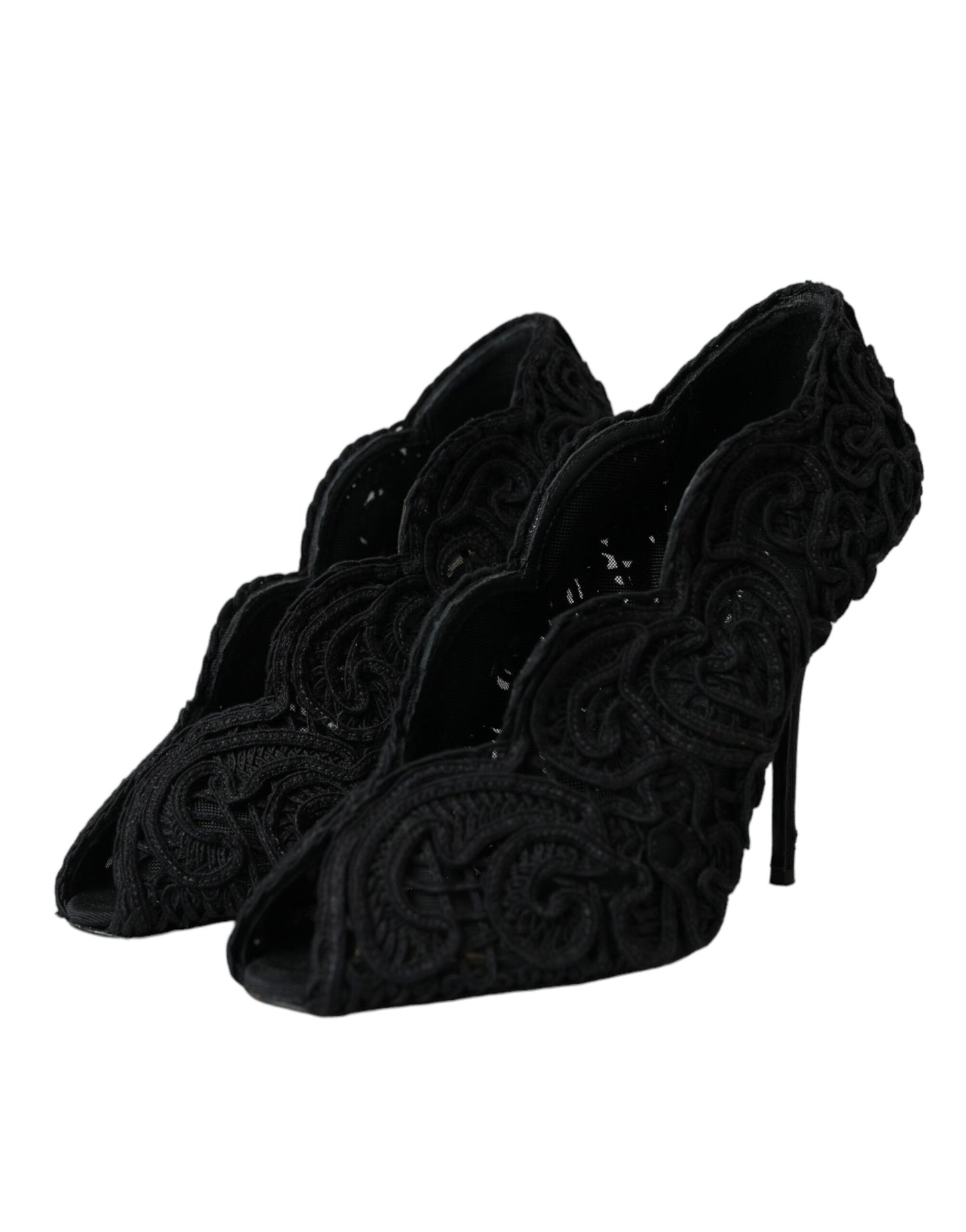  - Black Cordonetto Ricamo Pump Open Toe Shoes