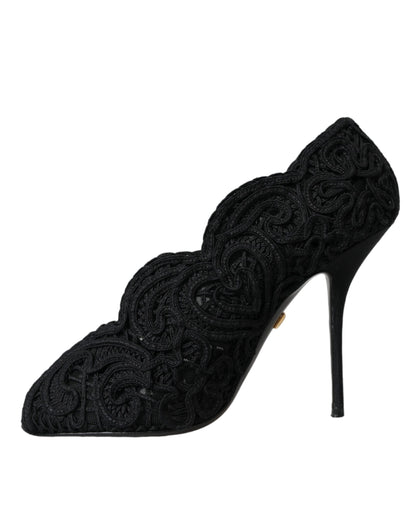  - Black Cordonetto Ricamo Pump Open Toe Shoes