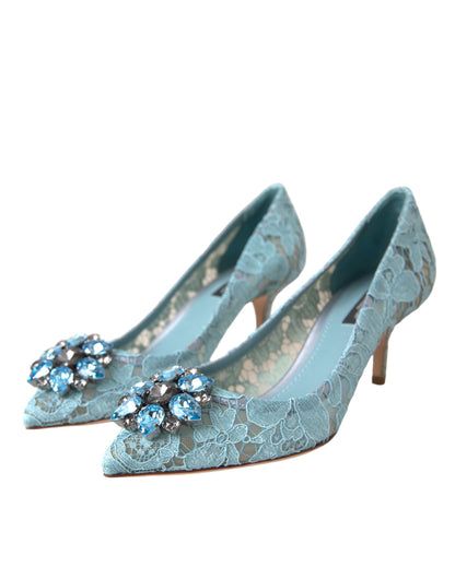 Blue Taormina Lace Crystal Heel Pumps Shoes