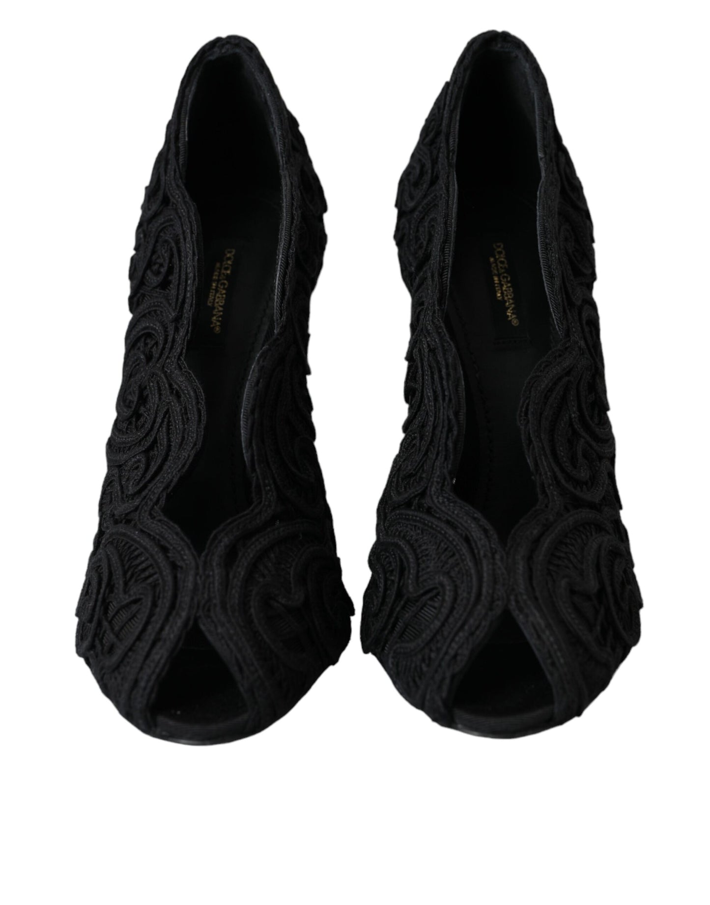  - Black Cordonetto Ricamo Pump Open Toe Shoes