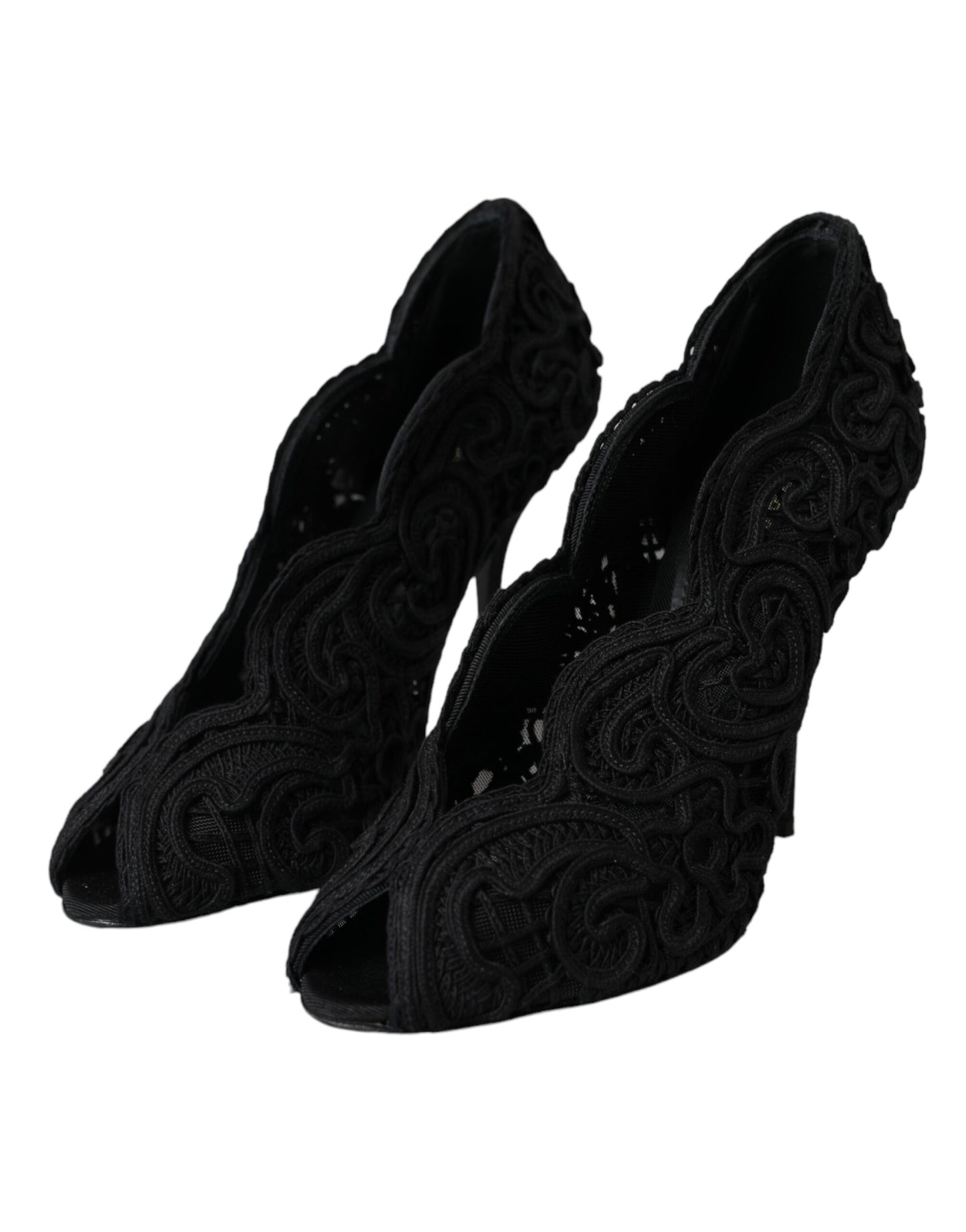  - Black Cordonetto Ricamo Pump Open Toe Shoes