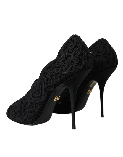  - Black Cordonetto Ricamo Pump Open Toe Shoes