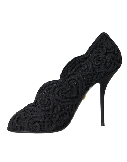  - Black Cordonetto Ricamo Pump Open Toe Shoes