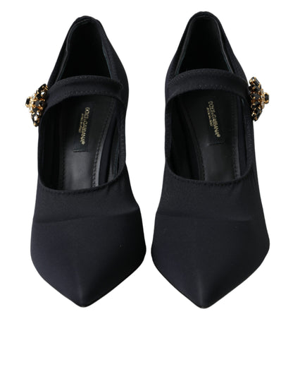  - Black Mary Jane Jersey Crystal Pumps Shoes