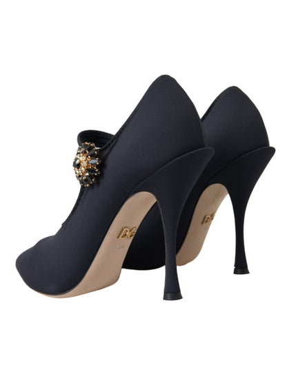  - Black Mary Jane Jersey Crystal Pumps Shoes