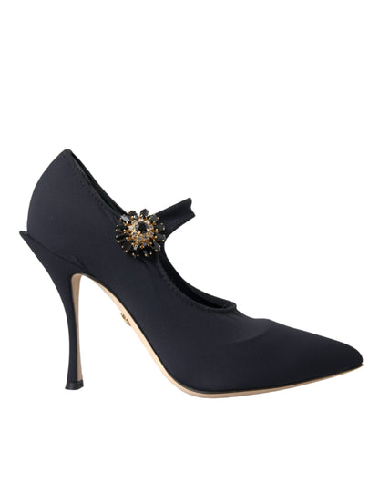  - Black Mary Jane Jersey Crystal Pumps Shoes