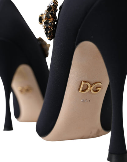  - Black Mary Jane Jersey Crystal Pumps Shoes