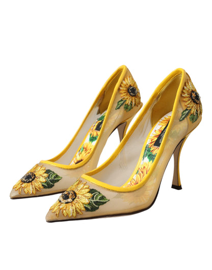  - Yellow Sunflower Mesh Heels Pumps Shoes