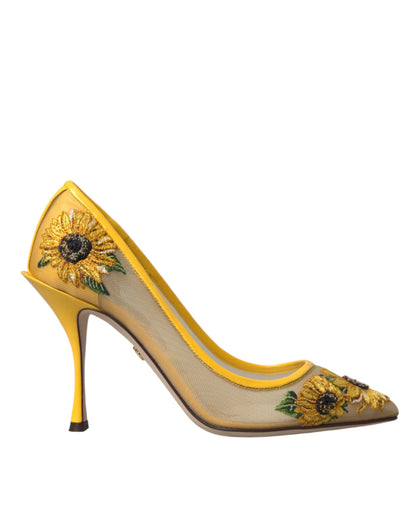  - Yellow Sunflower Mesh Heels Pumps Shoes