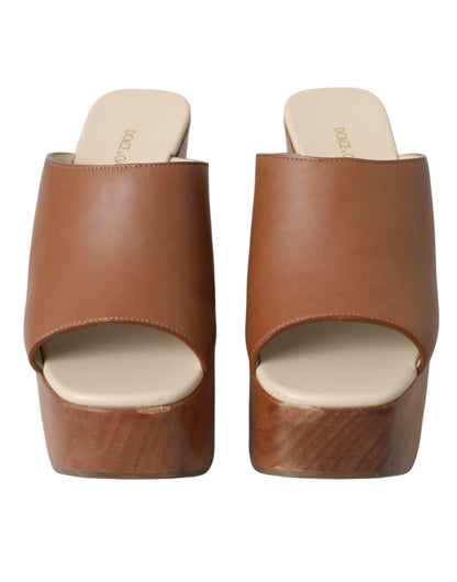  - Brown Leather Wood Mules Wedge Slides Shoes