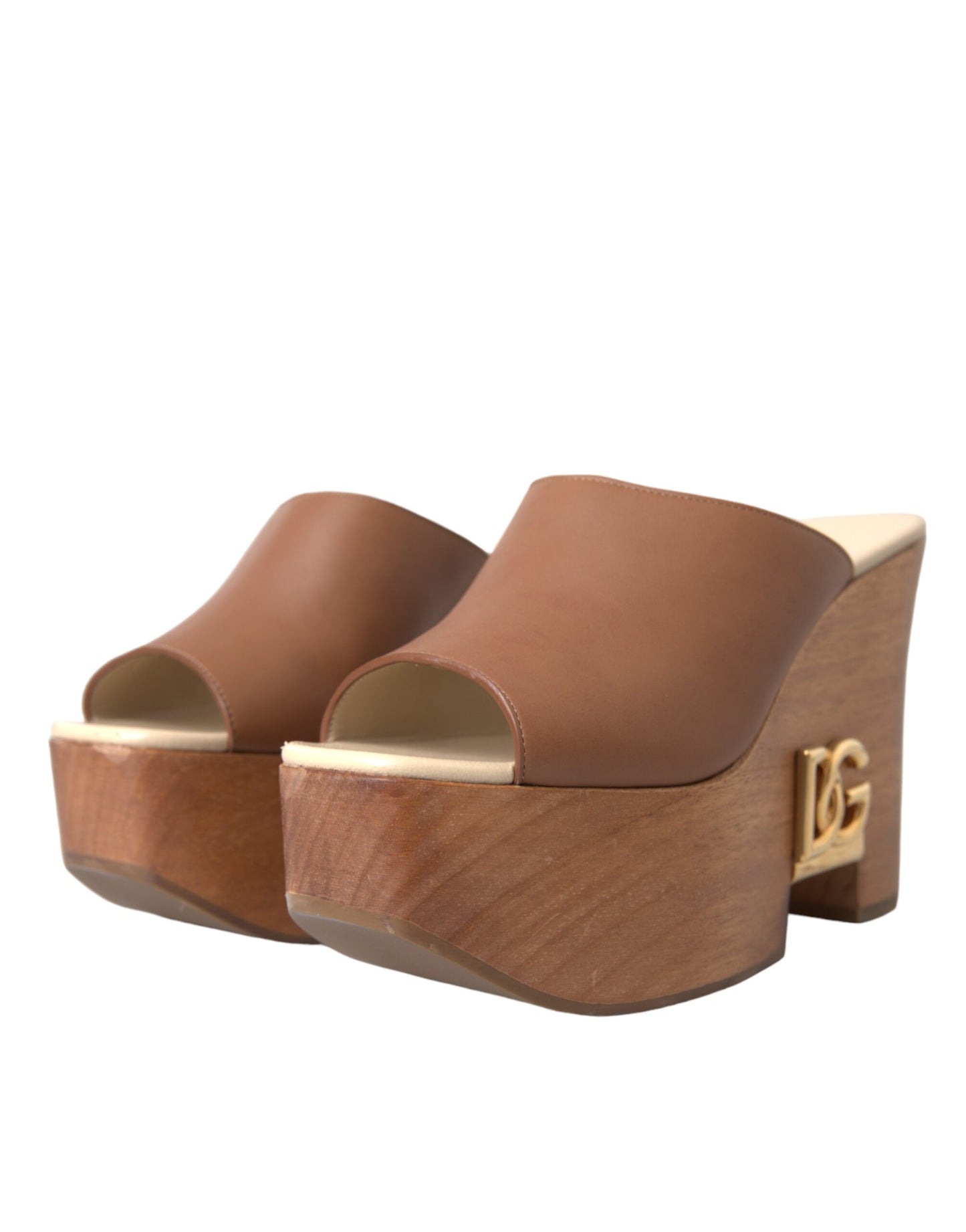  - Brown Leather Wood Mules Wedge Slides Shoes