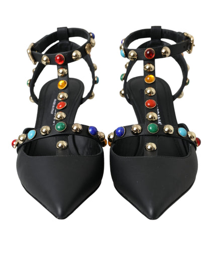  - Black Leather Embellished Heels Sandal Shoes