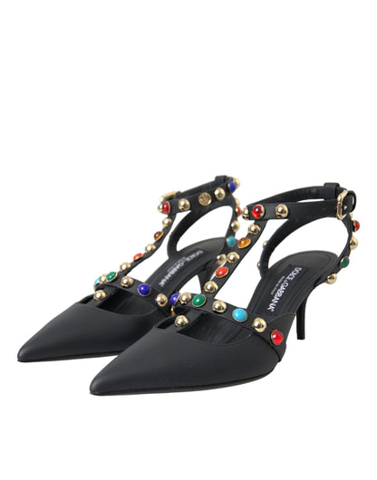  - Black Leather Embellished Heels Sandal Shoes