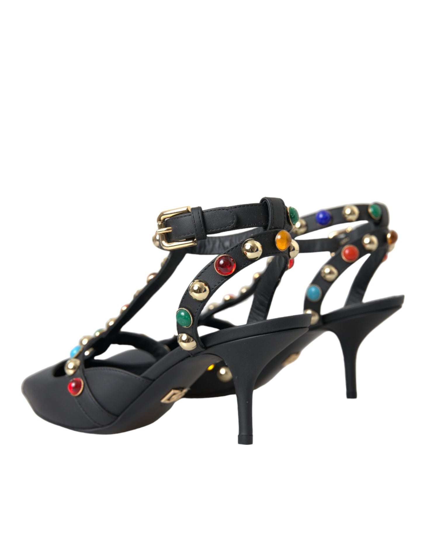  - Black Leather Embellished Heels Sandal Shoes