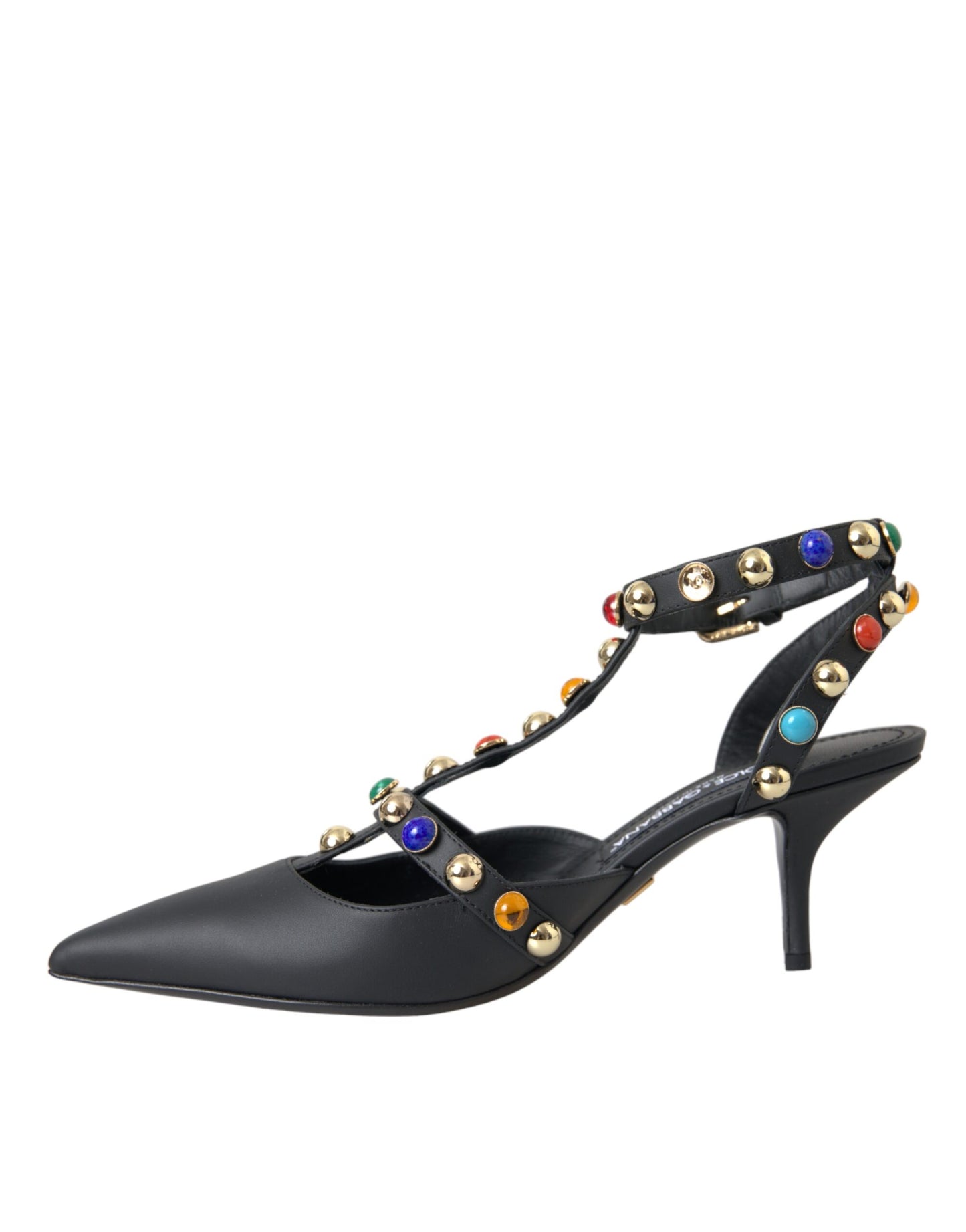  - Black Leather Embellished Heels Sandal Shoes