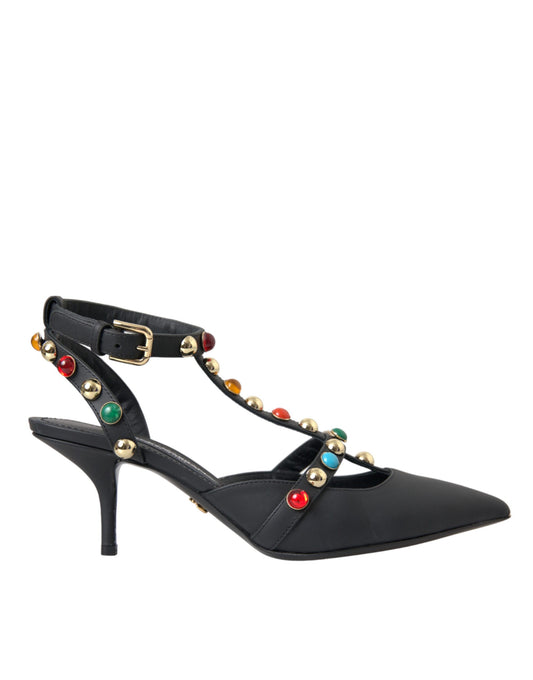  - Black Leather Embellished Heels Sandal Shoes