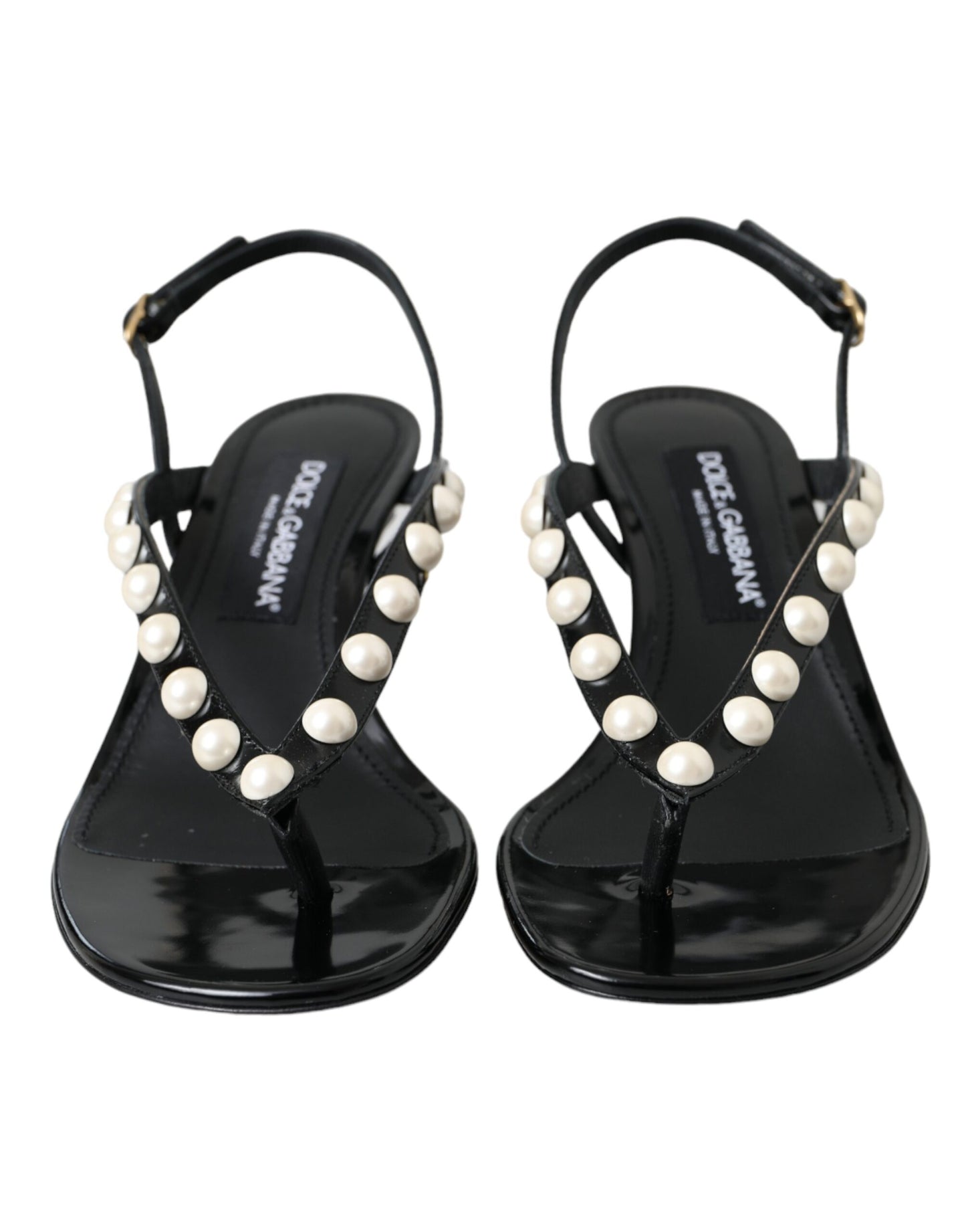 Black Leather Faux Pearl Heel Sandals Shoes - The Luxe Alliance