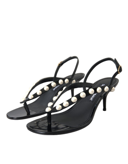 Black Leather Faux Pearl Heel Sandals Shoes - The Luxe Alliance