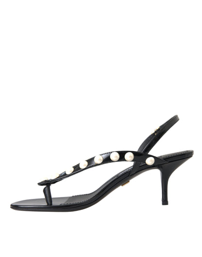 Black Leather Faux Pearl Heel Sandals Shoes - The Luxe Alliance