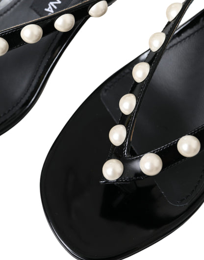 Black Leather Faux Pearl Heel Sandals Shoes - The Luxe Alliance