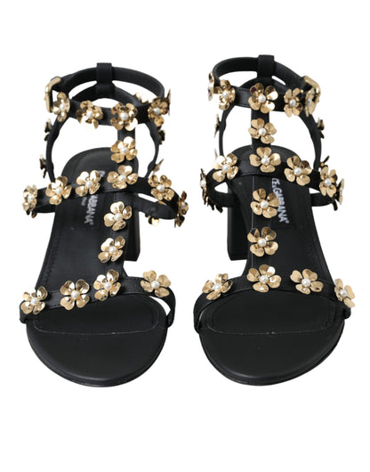 Black Leather Embellished Heel Sandal Shoes - The Luxe Alliance