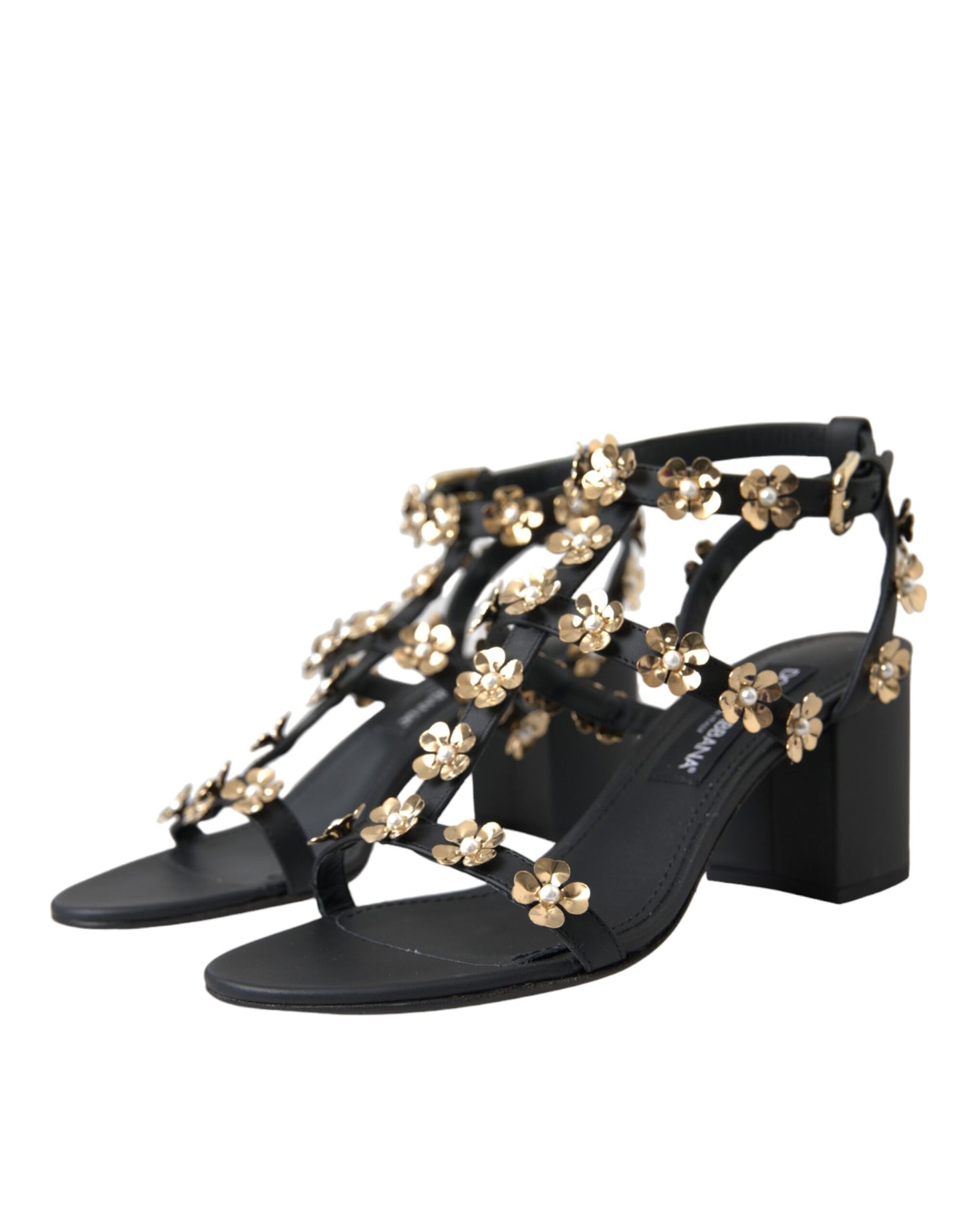 Black Leather Embellished Heel Sandal Shoes - The Luxe Alliance