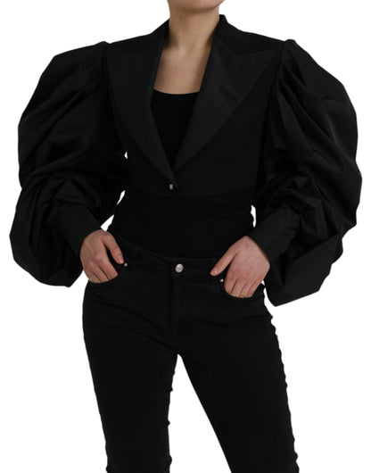 Black Polyester Puffed Sleeves Cropped Jacket - The Luxe Alliance