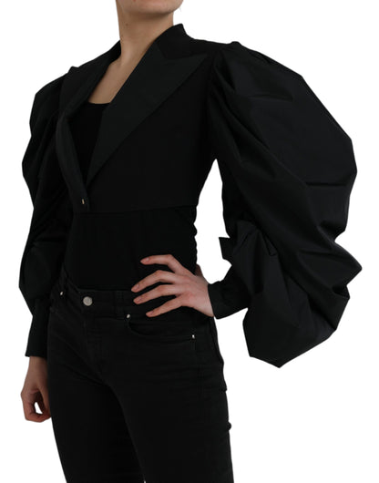 Black Polyester Puffed Sleeves Cropped Jacket - The Luxe Alliance