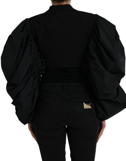 Black Polyester Puffed Sleeves Cropped Jacket - The Luxe Alliance