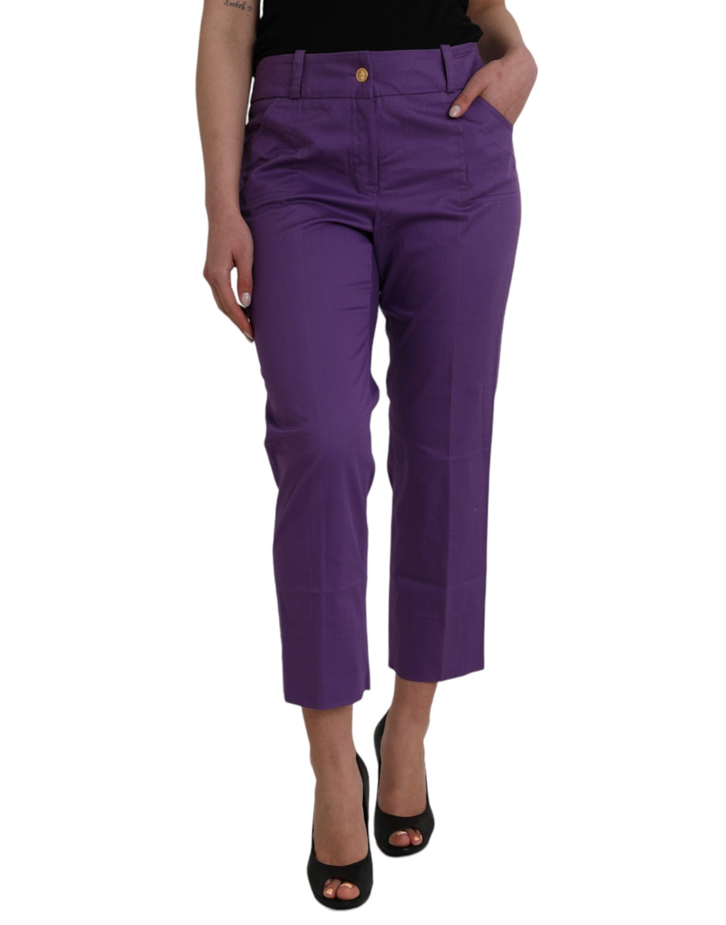 Purple Cotton MidWaist Straight Cropped Pants - The Luxe Alliance