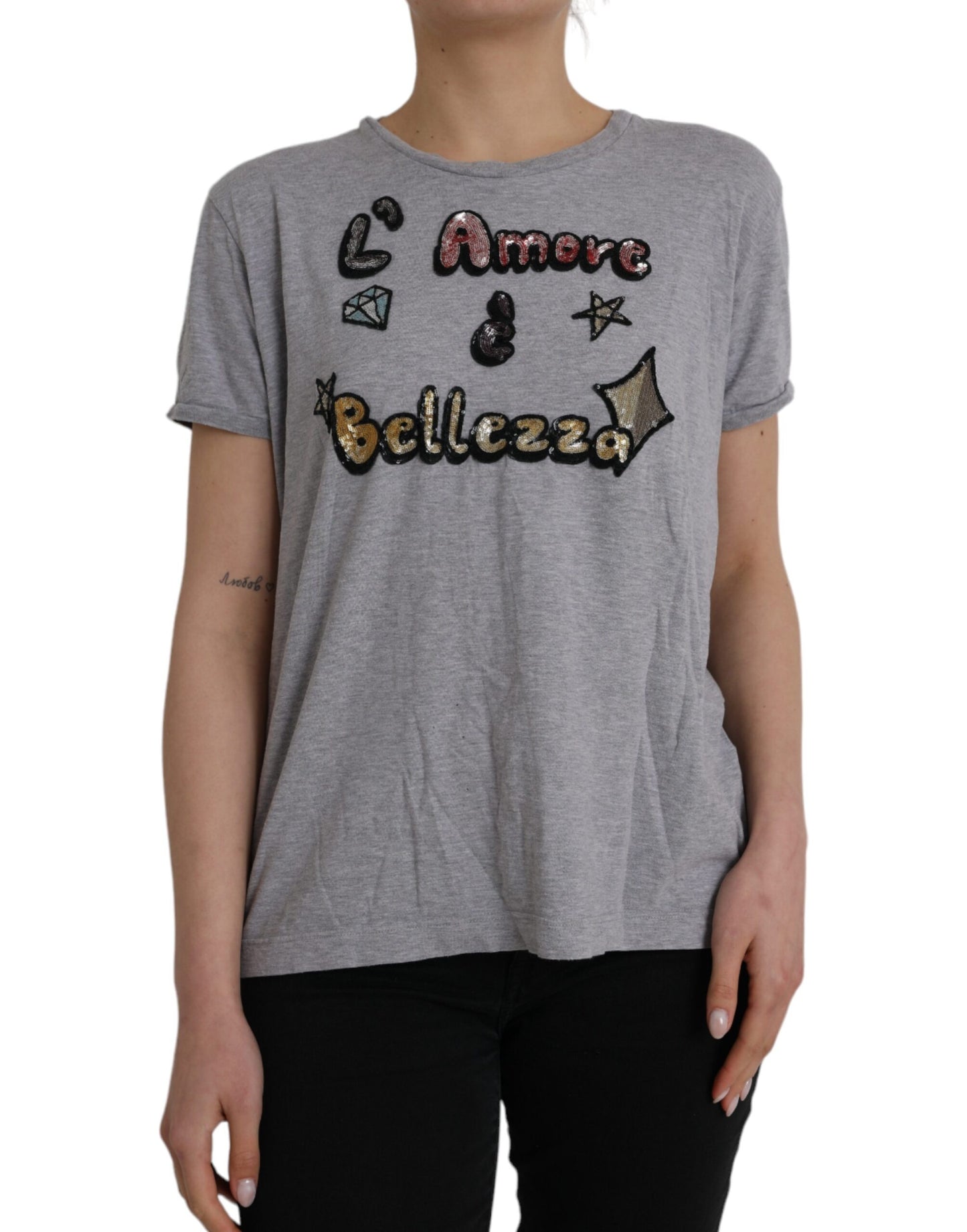 Gray Cotton L'Amore E'Bellezza Top T-shirt - The Luxe Alliance