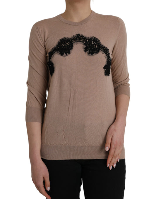  - Brown Wool Black Lace 3/4 Sleeve Blouse Top