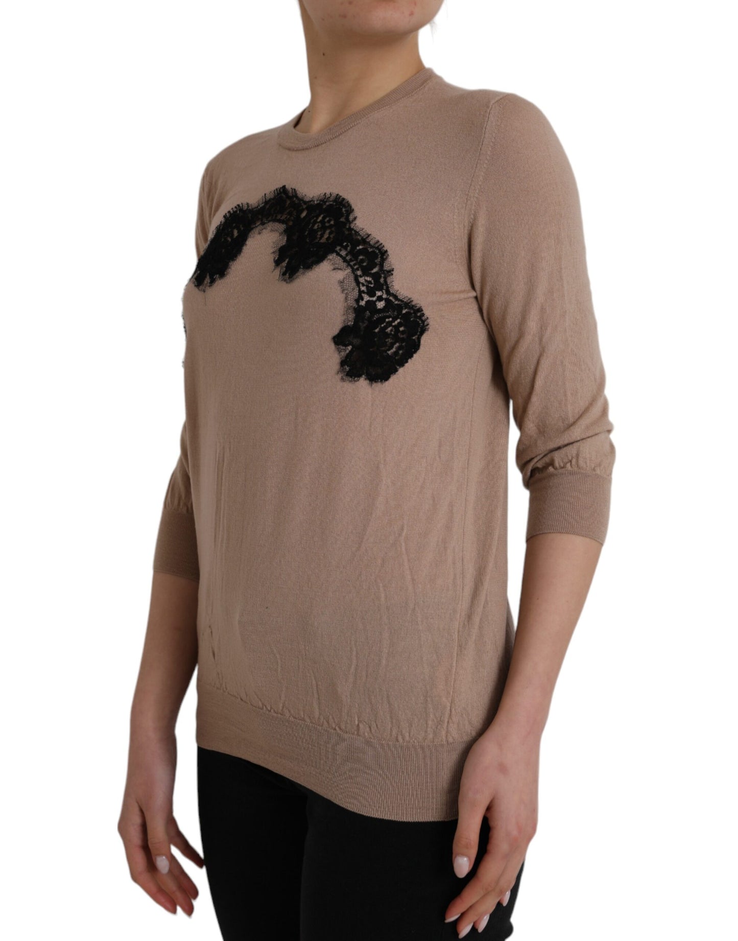  - Brown Wool Black Lace 3/4 Sleeve Blouse Top
