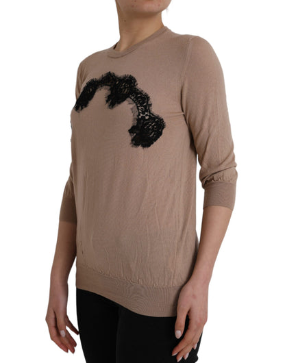  - Brown Wool Black Lace 3/4 Sleeve Blouse Top