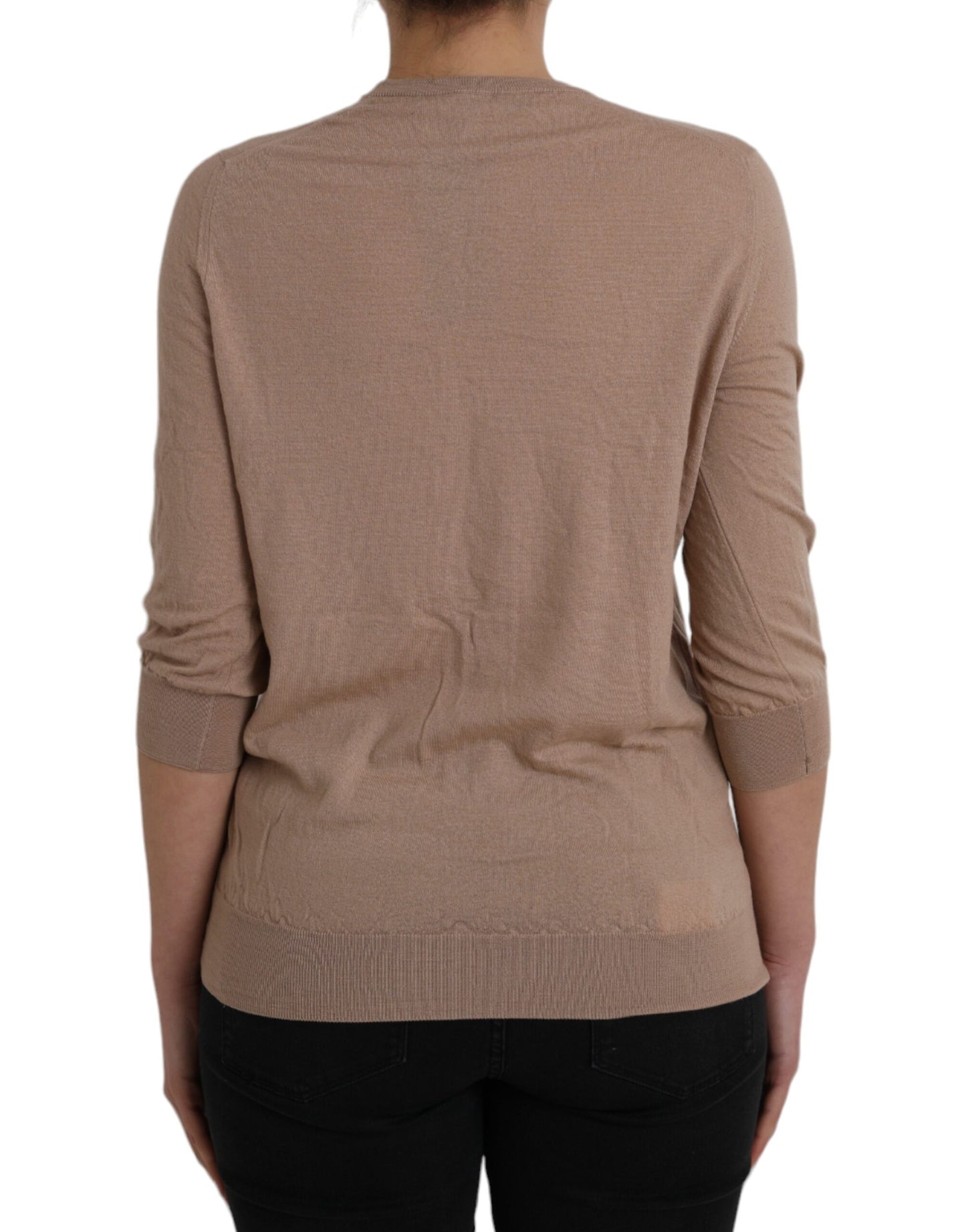  - Brown Wool Black Lace 3/4 Sleeve Blouse Top