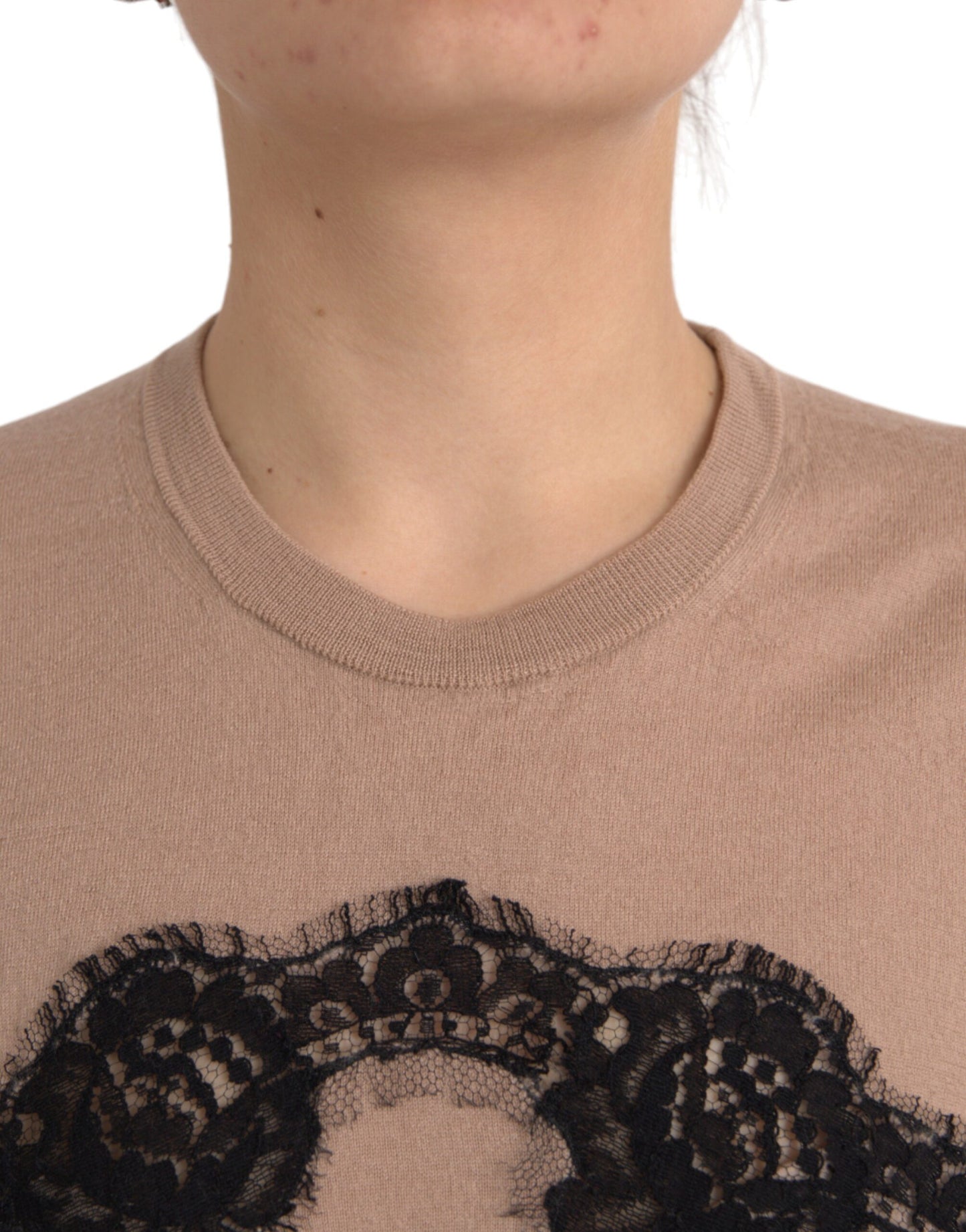 - Brown Wool Black Lace 3/4 Sleeve Blouse Top