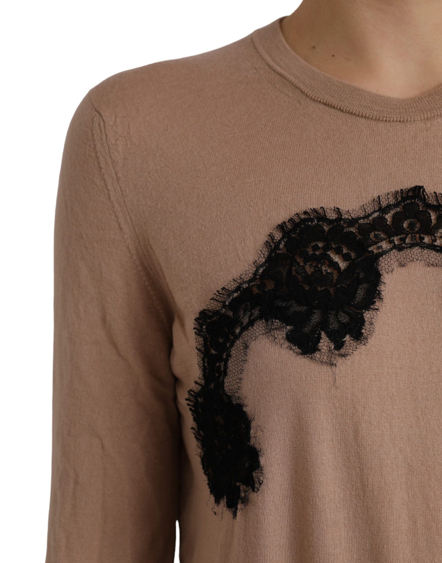  - Brown Wool Black Lace 3/4 Sleeve Blouse Top