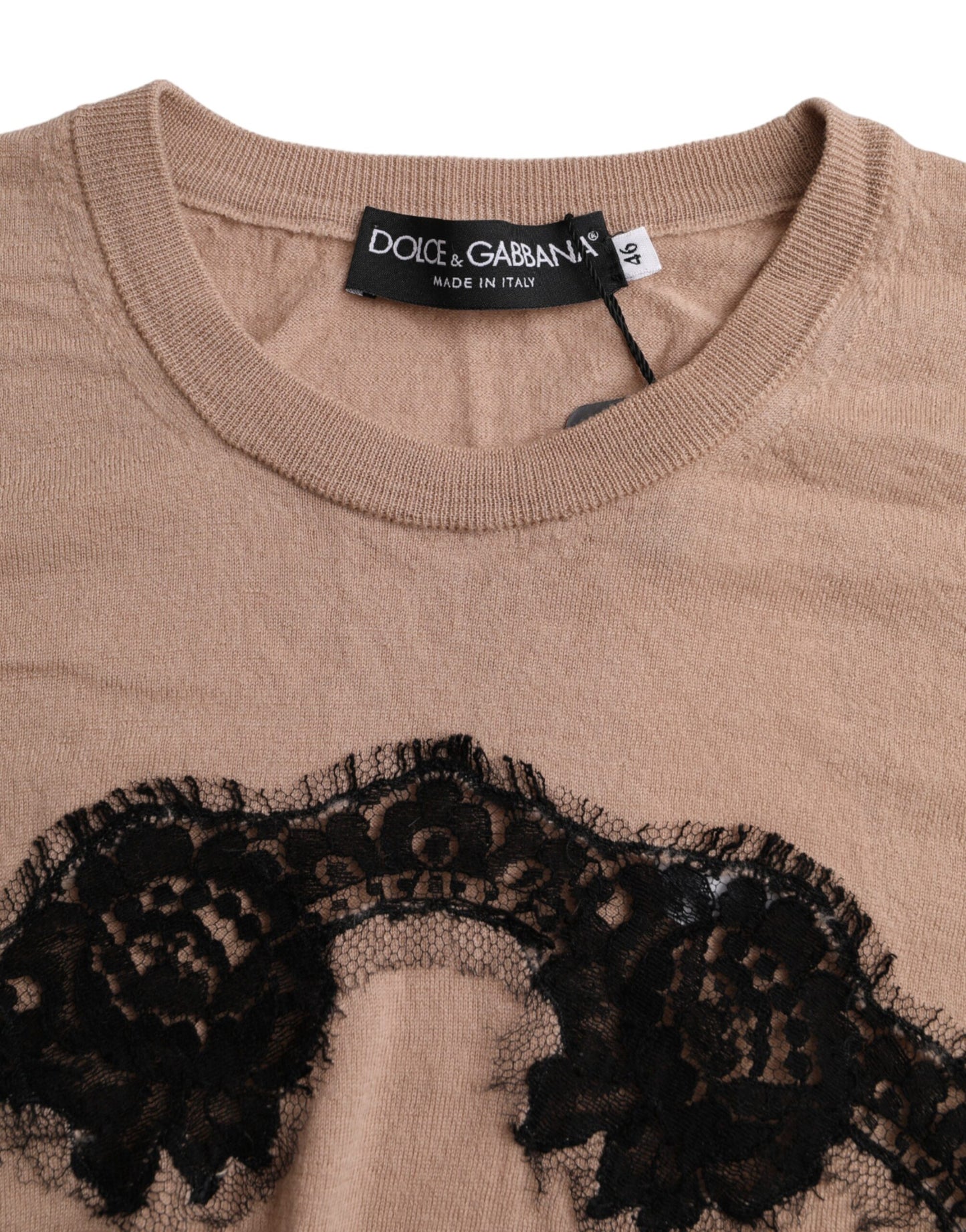  - Brown Wool Black Lace 3/4 Sleeve Blouse Top