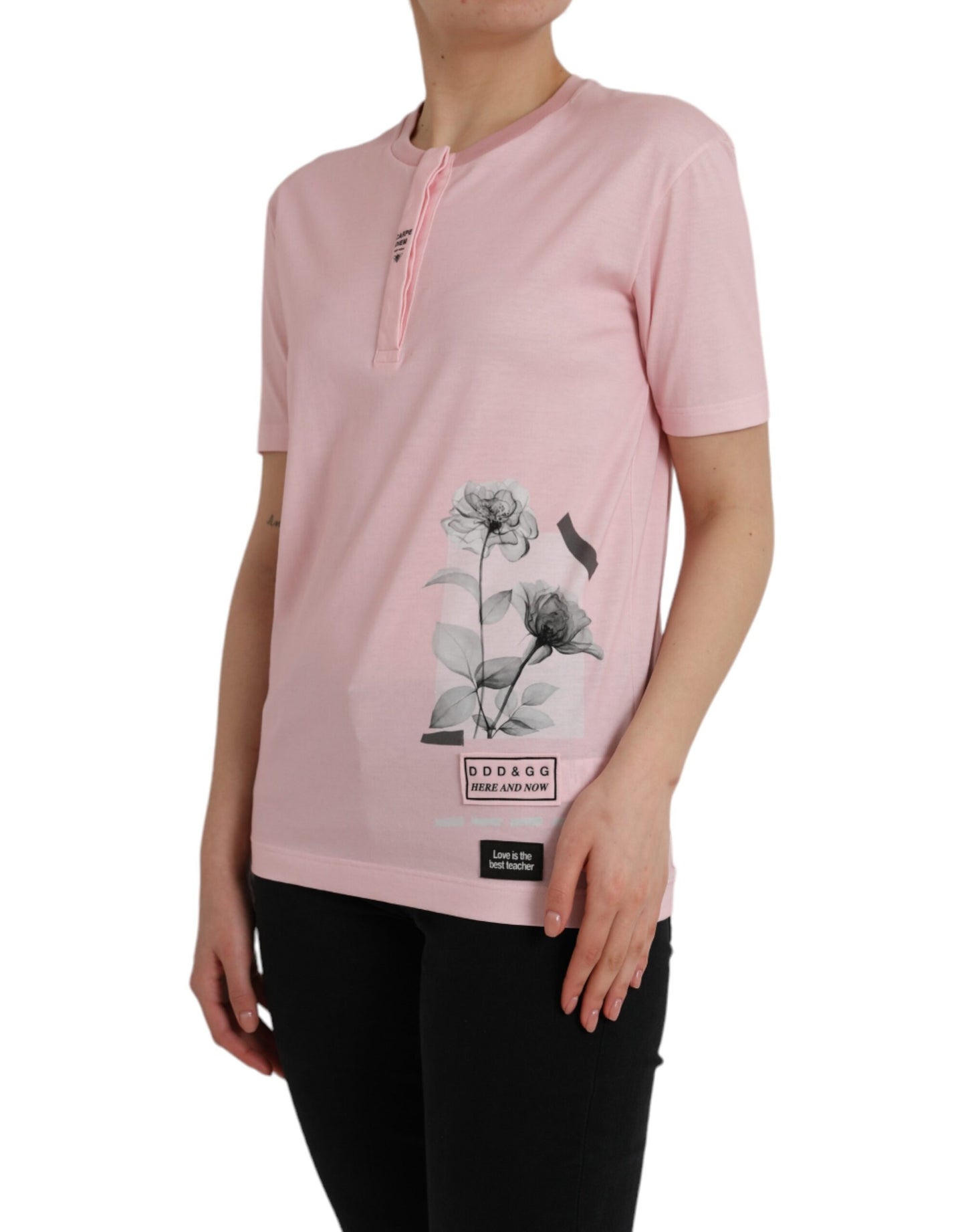  - Pink Floral Print Cotton Short Sleeves T-shirt