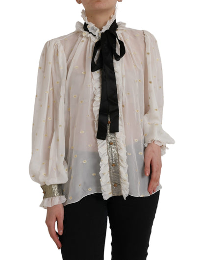  - Off White Silk Blend Ascot Collar Blouse Top