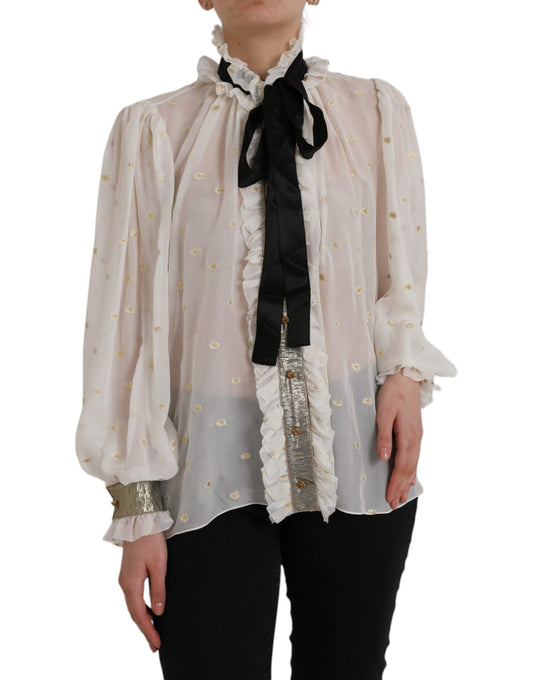  - Off White Silk Blend Ascot Collar Blouse Top