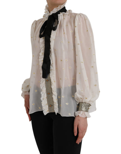  - Off White Silk Blend Ascot Collar Blouse Top