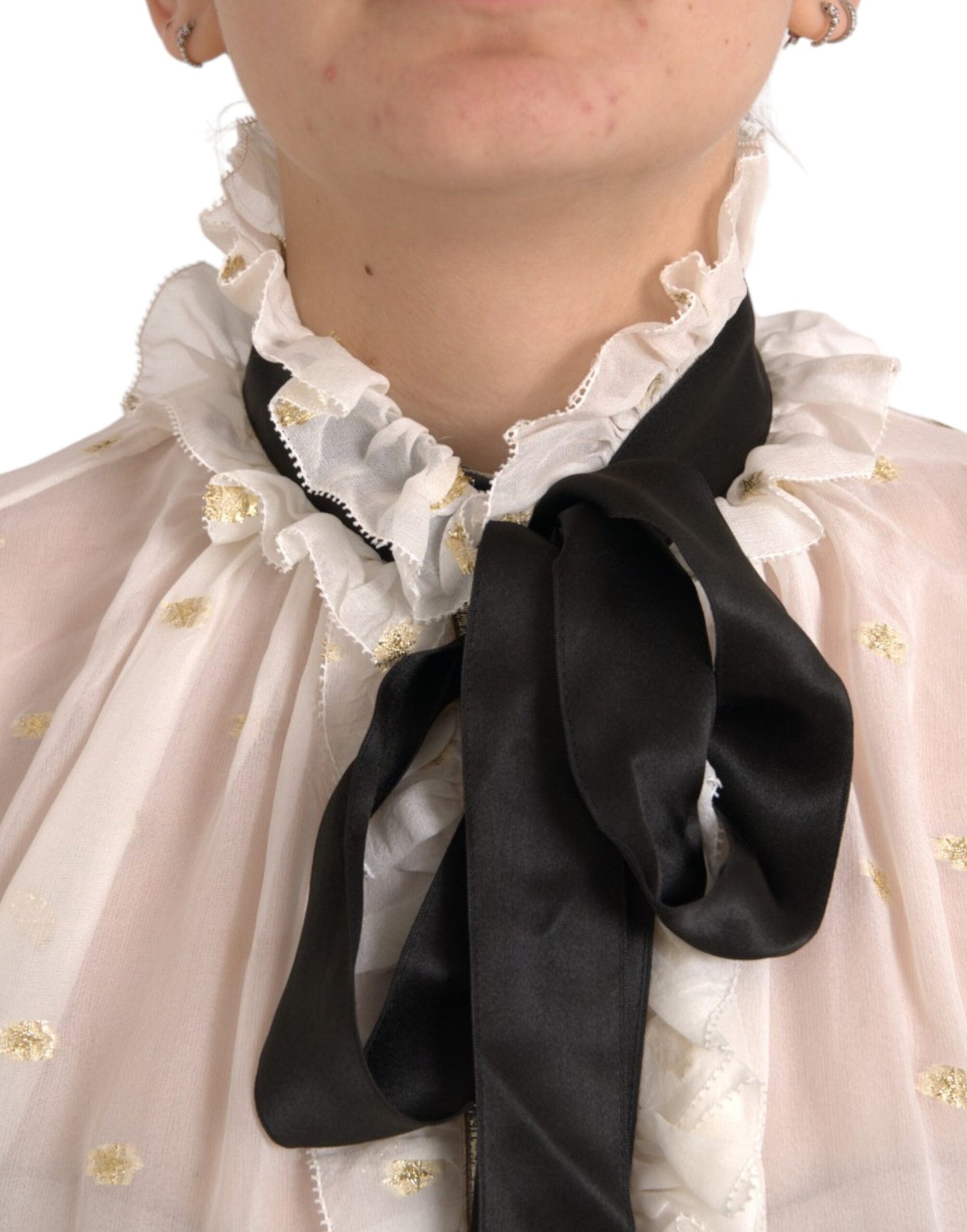  - Off White Silk Blend Ascot Collar Blouse Top