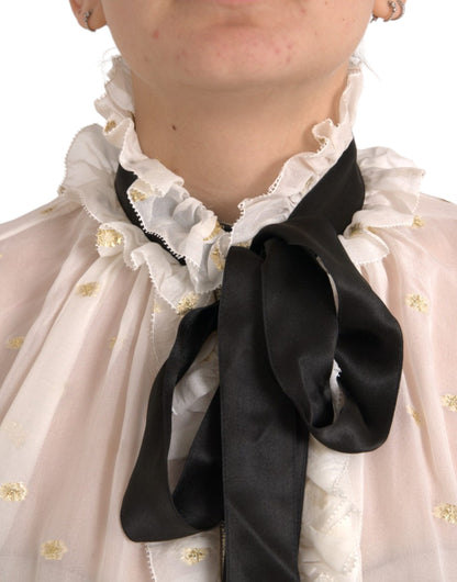  - Off White Silk Blend Ascot Collar Blouse Top