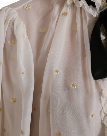  - Off White Silk Blend Ascot Collar Blouse Top