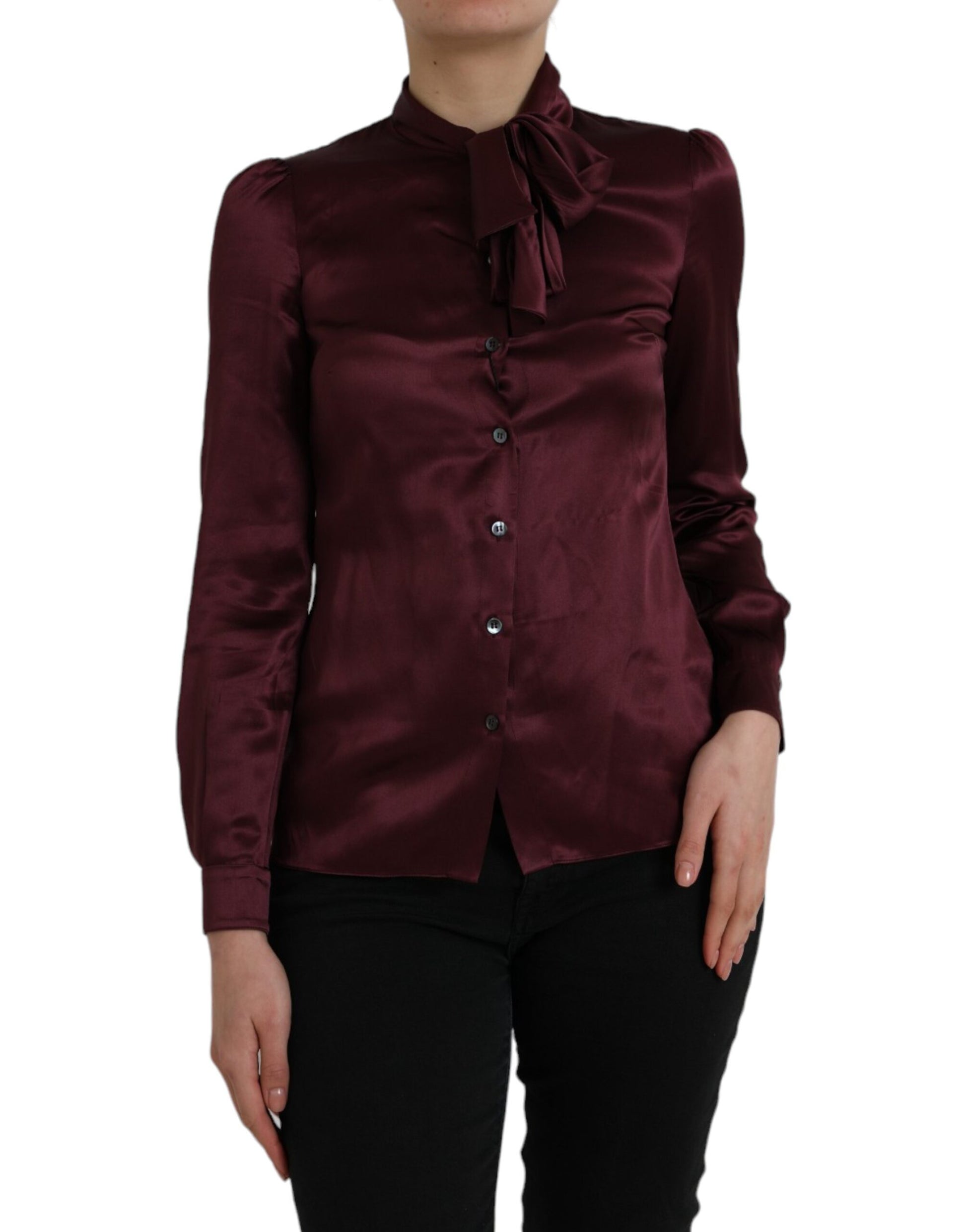 Maroon Ascot Collar Long Sleeve Blouse by Dolce & Gabbana