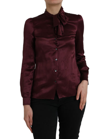 - Maroon Ascot Collar Long Sleeve Top Blouse