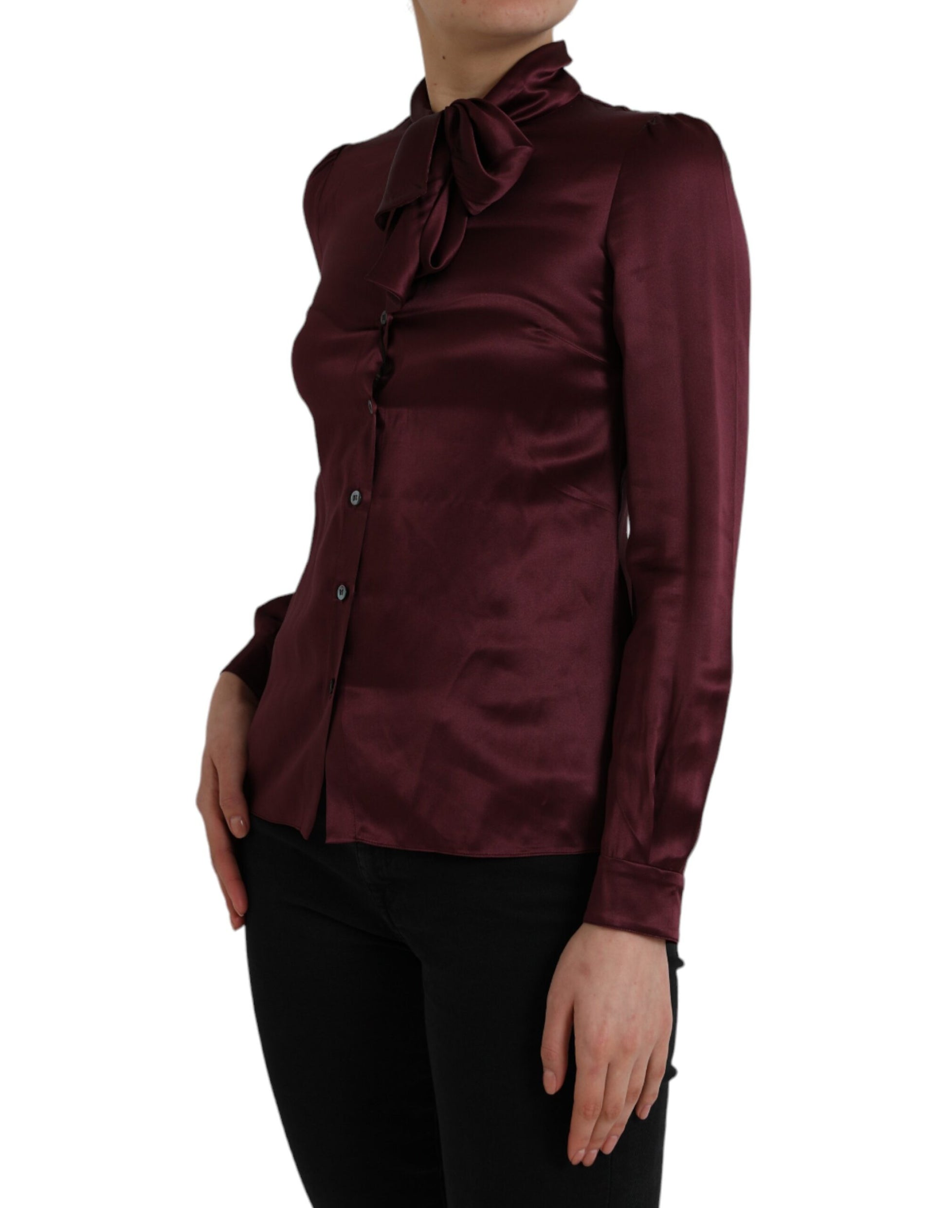 Maroon Ascot Collar Long Sleeve Blouse by Dolce & Gabbana