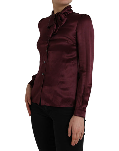  - Maroon Ascot Collar Long Sleeve Top Blouse
